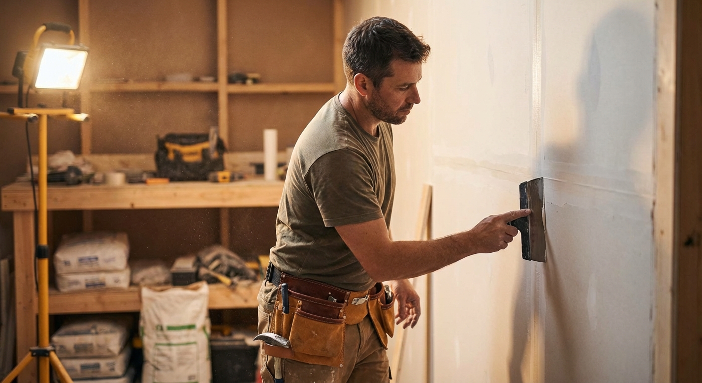 Professional drywall contractor applying joint compound