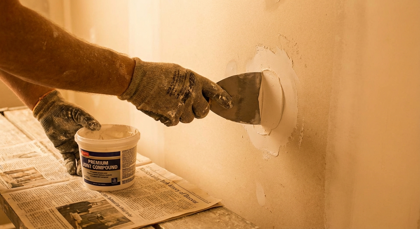 Hands patching drywall hole with spackle